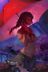 1girl absurdres black_cat black_hair braid breasts bush cat chinese_commentary closed_mouth commentary_request cowboy_shot glasses grey_skirt hand_in_own_hair hanekawa_tsubasa highres holding holding_umbrella large_breasts long_hair long_sleeves looking_to_the_side monogatari_(series) naoetsu_high_school_uniform night outdoors pink_shirt railing red_umbrella round_eyewear school_uniform shirt skirt solo standing sterlank umbrella
