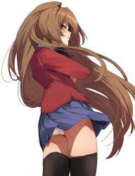 1girl aisaka_taiga ass black_thighhighs blue_skirt brown_eyes brown_hair commentary_request fu-ta highres jacket long_hair looking_at_viewer panties pantyshot red_jacket school_uniform skirt solo thighhighs toradora! underwear white_panties