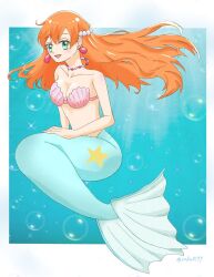 1girl :d air_bubble bad_tag bikini blush breasts bubble cleavage earrings eyelashes floating_hair green_eyes hair_down highres jewelry long_hair looking_at_viewer mermaid mermaid_misty_(pokemon) misty_(pokemon) monster_girl monsterification navel necklace nintendo open_mouth orange_hair pokemon pokemon_(anime) pokemon_(classic_anime) pokemon_rgby seashell shell shell_bikini smile solo sparkle swimsuit underwater water