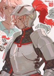 1boy akaneko_(redakanekocat) armor artist_logo brown_eyes closed_mouth commentary_request dated gambeson helm helmet highres holding holding_weapon logo male_focus original pauldrons red_hair short_hair shoulder_armor smile solo upper_body visor_lift weapon white_background