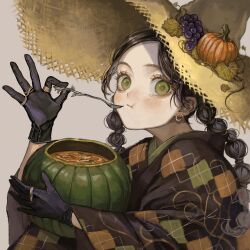 1girl black_gloves black_hair earrings eating food fruit gloves grapes green_eyes highres holding holding_food japanese_clothes jewelry kimono leaf long_hair long_sleeves looking_at_viewer multiple_rings original pumpkin ring sayoko_(sayosny2) simple_background solo spoon twintails upper_body witch