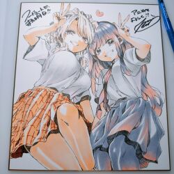 2girls art_tools_in_frame blonde_hair blue_hair blue_pantyhose blue_skirt breasts brown_hair collared_shirt copyright_name dress_shirt food_court_de_mata_ashita grin gyaru highres multicolored_hair multiple_girls nariie_shin&#039;ichirou orange_skirt pantyhose photo_(medium) pleated_skirt shirt skirt smile tan traditional_media two-tone_hair wada_(food_court) white_shirt yamamoto_(food_court)