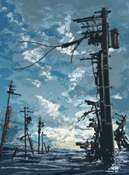Rule 34 | abandoned, atmospheric perspective, blue sky, blue theme, broken cable, cloud, cloudy sky, flood, highres, hisachan55cute, no humans, original, pixel art, power lines, road sign, sign, simple background, sky, transformer, utility pole