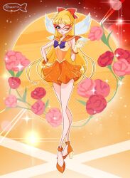 1girl adapted_costume aino_minako bad_id bad_twitter_id bare_legs bare_shoulders bishoujo_senshi_sailor_moon blonde_hair blue_bow blue_bowtie blue_eyes blue_wings bow bowtie brooch cartoonized chocofish choker collarbone commentary english_commentary expressionless eyelashes eyeshadow fairy fairy_wings flower full_body glitter gloves gradient_background hair_bow hand_on_own_hip high_heels jewelry leotard light_particles lipstick long_hair magical_girl makeup mask masquerade_mask miniskirt multicolored_leotard one_eye_closed orange_background orange_choker orange_eyeshadow orange_leotard orange_sailor_collar orange_shoes orange_skirt outline outstretched_hand parody parted_lips pink_flower pink_lips pink_rose pleated_skirt pumps red_bow red_flower red_mask red_rose rose sailor_collar sailor_venus shoes skirt solo sparkle standing strapless strapless_leotard style_parody toon_(style) twitter_username two-tone_leotard venus_(planet) very_long_hair watermark wavy_hair white_outline wings winx_club yellow_gloves yellow_leotard