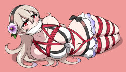 1girl bare_shoulders bdsm belly bikini blonde_hair blush bondage bound breasts brown_hair cleavage cleave_gag cloth_gag collarbone corrin_(fire_emblem) female_corrin_(fire_emblem) fire_emblem fire_emblem_fates fire_emblem_heroes flower gag gagged hair_flower hair_ornament hairband highres improvised_gag jam-orbital large_breasts midriff navel nintendo official_alternate_costume red_eyes red_rope rope sweatdrop swimsuit white_bikini