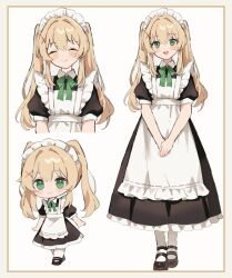 1girl :d ^_^ a-pose anaketsu apron black_dress black_shoes blonde_hair blush bow bowtie chibi chibi_inset closed_eyes closed_mouth commentary_request dress facing_viewer frilled_apron frilled_dress frills full_body green_bow green_bowtie green_eyes hair_between_eyes hair_intakes hair_ornament happy highres long_dress long_hair looking_at_viewer maid_apron maid_headdress mary_janes multiple_views open_mouth partial_commentary puffy_short_sleeves puffy_sleeves shoes short_sleeves sidelocks simple_background smile standing summer_pockets tsumugi_wenders twintails upper_body v_arms white_apron white_background x_hair_ornament