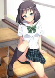 Rule 34 | 1girl, absurdres, black shoes, black socks, bow, bowtie, braid, chair, classroom, commentary request, desk, diagonal-striped bow, diagonal-striped bowtie, diagonal-striped clothes, green bow, green bowtie, green eyes, highres, indoors, knee up, kneehighs, loafers, looking at viewer, ocza, oiwake asuna, on desk, panties, pantyshot, sailor collar, school chair, school desk, school uniform, second-party source, serafuku, shirt, shoes, short sleeves, sitting, socks, solo, striped clothes, tetsudou musume, underwear, white panties, white sailor collar, white shirt
