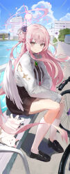 1girl absurdres alternate_costume bicycle black_shoes black_skirt black_socks blue_archive blue_sky cat closed_mouth cloud cloudy_sky commentary_request day feathered_wings gem green_gemstone hair_bun hair_ornament halo highres jsscj kneehighs loafers long_hair long_sleeves looking_at_viewer low_wings mika_(blue_archive) outdoors pink_hair pink_halo shirt shoes single_hair_bun single_side_bun sitting skirt sky smile socks white_cat white_shirt wings yellow_eyes