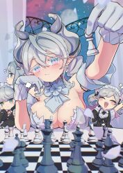 4girls absurdres arianna_the_labrynth_servant arianne_the_labrynth_servant arias_the_labrynth_butler blue_eyes board_game breasts butler c_civciv chess chess_piece cleavage demon_girl demon_horns demon_wings dress drill_hair duel_monster female_butler gloves green_eyes grey_eyes grey_hair highres holding holding_chess_piece horns large_breasts looking_at_viewer lovely_labrynth_of_the_silver_castle maid maid_headdress monocle multiple_girls open_mouth pink_wings pointy_ears smile twin_drills twintails white_dress white_hair wings yu-gi-oh!