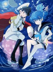 Rule 34 | 2boys, 33gihome, air bubble, back hair, black boots, black hair, blue eyes, blue hair, blue neckerchief, boots, bubble, cape, dagger, dated, epaulettes, fish, hat, highres, holding, holding dagger, holding knife, holding weapon, jacket, jellyfish, knife, manta ray, multiple boys, neckerchief, original, pants, pantyhose, red cape, sailor collar, shorts, smile, tezuka osamu (style), triton (umi no triton), umi no triton, underwater, unworn hat, unworn headwear, weapon, white jacket, white pants, white pantyhose, white shorts