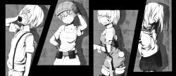 1boy 3girls arm_up bare_arms belt belt_pouch breasts check_commentary closed_mouth closed_umbrella commentary_request cowboy_shot deerstalker dot_nose dress facial_tattoo from_side gloves greyscale grin hair_between_eyes hand_up handprint hat head_tilt highres iizumi_rita long_bangs long_hair looking_at_viewer looking_up mask medium_breasts medium_hair messy_hair miniskirt monochrome mouth_mask multiple_girls neckerchief one_eye_closed partial_commentary pleated_skirt pouch rabbit_tail sailor_collar sakuragi_naruha school_uniform seike_taroumaru serafuku shin_(highest1192) short_hair short_shorts short_sleeves shorts skirt skull_tattoo smile standing suspender_shorts suspenders tail tattoo toaru_kagaku_no_accelerator toaru_majutsu_no_index trap umbrella upper_body wrist_cuffs yakumaru_itsuki