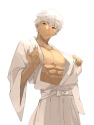 1boy abs dark-skinned_male dark_skin emiya_shirou fate/grand_order fate_(series) highres japanese_clothes kamigokuin kimono large_pectorals muscular muscular_male pectorals senji_muramasa_(fate) senji_muramasa_(third_ascension)_(fate) simple_background solo spiked_hair white_hair white_kimono yellow_eyes