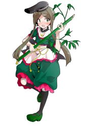 Rule 34 | 1girl, alphes (style), apron, bamboo, black bow, black hat, black socks, blush, bow, buttons, capelet, commentary request, dairi, dress, frilled apron, frilled dress, frilled sleeves, frills, full body, green dress, green socks, grey hair, hat, holding, kneehighs, large variant set, leaf, leg up, long hair, mary janes, parody, parted bangs, platform shoes, puffy short sleeves, puffy sleeves, ribbon, shoes, short sleeves, sidelocks, socks, solo, standing, standing on one leg, style parody, tachi-e, tassel, tate eboshi, teireida mai, touhou, transparent background, turtleneck, variant set, waist apron, white apron, white capelet, yellow bow, yellow ribbon