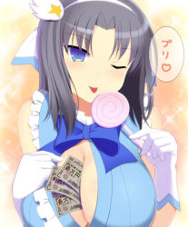 10s 1girl :p between_breasts black_hair blue_eyes breasts candy cleavage female_focus food huge_breasts kyoku_tou lollipop long_hair looking_at_viewer money one_eye_closed senran_kagura senran_kagura_shinovi_versus solo tongue tongue_out tucked_money wink yumi_(senran_kagura)