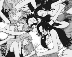 1boy 5girls achmunzav artist_name bare_arms bare_shoulders black_hair black_shirt boa_hancock breast_press breasts cleavage closed_eyes convenient_arm convenient_censoring earrings greyscale hair_spread_out jewelry large_breasts long_hair monkey_d._luffy monochrome multiple_girls nami_(one_piece) nefertari_vivi nico_robin no_bra no_panties nose one_piece open_mouth parted_lips scar scar_on_face shirt short_hair sleeping sleeveless sleeveless_shirt snake_earrings strap_slip teeth upper_body uppercut very_short_hair white_shirt yamato_(one_piece)