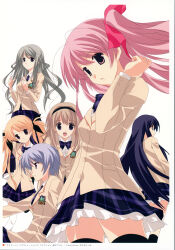 6+girls absurdres antenna_hair aoi_sena black_thighhighs blazer blonde_hair blue_hair bow bowtie breasts brown_jacket chaos;head collared_shirt ears_visible_through_hair frilled_skirt frills from_behind from_side frown glasses green_eyes green_hair hair_ribbon hairband high_ponytail highres holding holding_removed_eyewear jacket kishimoto_ayase kusunoki_yua long_hair looking_at_viewer miniskirt multiple_girls necktie nishijou_nanami non-web_source official_art open_mouth orihara_kozue pantyhose petticoat pink_eyes pink_hair plaid_bow plaid_bowtie plaid_clothes plaid_necktie plaid_skirt plaid_sleeves ponytail purple_bow purple_bowtie purple_eyes purple_hair purple_necktie purple_skirt red_eyes ribbon round_eyewear sakihata_rimi sasaki_mutsumi school_emblem school_uniform shirt short_hair sidelocks skirt smile suimei_academy suimei_school_uniform thick_thighs thighhighs thighs tongue twintails unworn_eyewear white_petticoat white_shirt white_thighhighs zettai_ryouiki