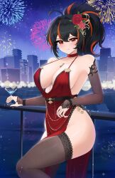Rule 34 | 1girl, aerial fireworks, against railing, alternate costume, black hair, black sleeves, black thighhighs, breasts, choker, city, collarbone, detached sleeves, doiparuni, dress, fireworks, flower, glass, hair flower, hair ornament, highres, knee up, large breasts, looking at viewer, night, outdoors, parted lips, pelvic curtain, plunging neckline, ponytail, railing, red choker, red dress, red eyes, red hair, solo, spaghetti strap, thighhighs, zenless zone zero, zhu yuan