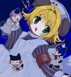 1girl 3boys ahoge animal_ears apron armband blonde_hair blue_hair coo_erhard dark_blue_hair di_gi_charat dress green_eyes highres ky_schweitzer long_sleeves looking_at_viewer multiple_boys open_mouth panda_ears pepeppepe101 piyoko red_armband rik_heisenberg short_hair smile striped_clothes striped_dress striped_sleeves tail vertical-striped_clothes vertical-striped_dress white_apron wolf_ears wolf_tail