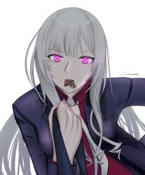 1girl absurdres ak-12_(girls&#039;_frontline) ak-12_(lucia)_(girls&#039;_frontline) artificial_eye artificial_eyes artist_name black_jacket black_necktie breasts business_suit closed_mouth commentary_request formal_clothes gincho girls&#039;_frontline highres holding_necktie jacket long_hair long_sleeves looking_at_viewer mechanical_eye mouth_hold necktie official_alternate_costume open_clothes open_jacket purple_eyes red_shirt shirt sidelocks simple_background solo suit unusually_open_eyes upper_body white_background white_hair white_necktie