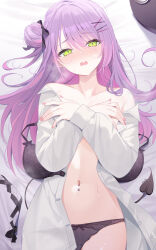 1girl black_bra black_panties blush bra collarbone covering_breasts covering_privates demon_girl demon_tail deyui fingernails green_eyes hair_bun hair_ornament heavy_breathing highres hololive looking_at_viewer lying navel navel_piercing nose_blush on_back open_clothes open_mouth open_shirt panties piercing purple_hair shirt single_hair_bun single_side_bun solo stomach sweat tail tail_ornament tail_piercing tokoyami_towa underwear unworn_bra virtual_youtuber white_shirt x_hair_ornament