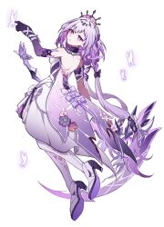 1girl absurdres bare_shoulders black_tiara bow bug butterfly castorice_(honkai:_star_rail) dress full_body hair_bow high_heels highres honkai:_star_rail honkai_(series) insect long_hair looking_at_viewer looking_back pointy_ears purple_butterfly purple_eyes purple_hair purple_shoes scythe shoes sikaku simple_background skirt_hold solo standing tiara twitter_username very_long_hair white_background white_bow white_dress