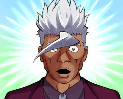 1boy :o ahoge close-up codeorange162 dark-skinned_male dark_skin green_background gundam gundam_tekketsu_no_orphans looking_at_viewer male_focus open_mouth orga_itsuka pixel_art solo upper_body white_hair yellow_eyes