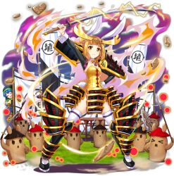 &gt;_&lt; 2girls ajirogasa alternate_costume animal_ears arm_up armored_boots aura banner black_boots black_sleeves blonde_hair blue_hair boots bow bow_(weapon) bowtie breasts cleavage closed_mouth debris detached_collar detached_sleeves double_bun electricity fake_animal_ears flag full_body game_cg green_headscarf hair_bun hand_on_own_hip haniwa_(statue) haniyasushin_keiki hat headscarf highres holding holding_bow_(weapon) holding_polearm holding_sword holding_weapon joutouguu_mayumi joutouguu_mayumi_(ceramic_bunny_rookie) katana leotard long_hair looking_at_viewer medium_hair multiple_girls nobori official_art orange_bow orange_bowtie playboy_bunny polearm rabbit_ears rabbit_tail rock rotte_(1109) samurai small_breasts solo_focus strapless strapless_leotard sword tail thighhighs thighs third-party_source touhou touhou_lostword translation_request transparent_background weapon white_thighhighs yellow_eyes yellow_leotard