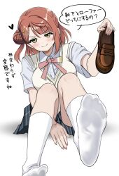 &gt;:) 1girl absurdres blue_shirt blue_skirt blunt_bangs blush breasts brown_shoes bun_with_braided_base closed_mouth collared_shirt commentary_request dress_shirt fingernails full_body hair_bun heart highres holding_shoe large_breasts loafers love_live! love_live!_nijigasaki_high_school_idol_club miniskirt neck_ribbon pink_ribbon plaid_clothes plaid_skirt pleated_skirt ribbon shirt shoes short_sleeves simple_background single_side_bun skirt smile socks soles solo speech_bubble split_mouth summer_uniform sweater_vest translation_request uehara_ayumu unworn_shoes v-shaped_eyebrows white_background white_socks yellow_sweater_vest zaofeng