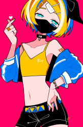 1girl absurdres bandaid bandaid_on_face bare_shoulders black_bow black_mask black_shorts blonde_hair blue_eyes blue_jacket bow bracelet chain chain_bracelet collar cowboy_shot crop_top hair_bow hair_ornament hairclip heart highres iroha_(hourai_24) jacket jacket_on_shoulders jewelry kagamine_rin mask mouth_mask navel pink_background ring shirt short_hair short_shorts shorts signature snapping_fingers solo solo_focus vocaloid yellow_shirt