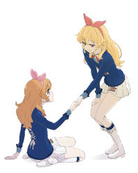 2girls absurdres aikatsu! aikatsu!_(series) arm_at_side blue_shirt boots bow bow_hairband commentary dot_nose eye_contact from_side full_body hair_bow hairband hand_on_ground hand_on_own_thigh hand_up highres holding_hands hoshimiya_ichigo leaning_forward legs_together long_hair long_sleeves looking_at_another miniskirt multiple_girls open_mouth orange_hair ozora_akari pink_bow pink_hairband pleated_skirt red_bow red_eyes red_hairband saitou_atsushi_(kamatamanankotu) school_uniform shirt simple_background sitting skirt smile star_harmony_academy_school_uniform straight_hair tears wariza white_background white_footwear white_skirt