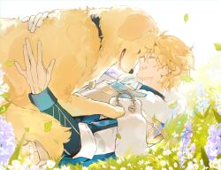 1boy :d ^_^ animal animal_hug armor blonde_hair bloom breastplate closed_eyes commentary dog english_commentary eyelashes flower fur-trimmed_jacket fur_trim gepard_landau grass hair_between_eyes hands_up highres honkai:_star_rail honkai_(series) jacket leaf long_sleeves lying male_focus mors_gn on_back open_mouth plant profile purple_flower short_hair sleeve_cuffs smile solo teeth tongue tongue_out upper_teeth_only white_flower white_jacket