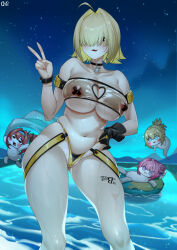 4girls :3 bikini black_gloves blonde_hair blush bracelet breasts chibi collarbone cowboy_shot d._joko doro_(nikke) elegg_(boom_and_shock)_(nikke) elegg_(nikke) gloves goddess_of_victory:_nikke hair_over_eyes hand_on_own_hip innertube jewelry large_breasts looking_at_viewer multicolored_hair multiple_girls navel night night_sky nipples pasties pinne_(nikke) pool purple_eyes rapi_(nikke) see-through_clothes short_hair single_glove sky smile standing star_(sky) starry_sky strapless swim_ring swimsuit tape tape_on_nipples tube_top two-tone_hair v water wet yellow_bikini