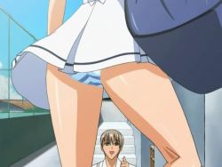 00s animated animated_gif ass bag blue_striped_panties fence grey_hair mizushima_asa outdoors panties saisho_hajime sora_no_iro_mizu_no_iro striped_clothes striped_panties thumbs_up underwear wind wind_lift