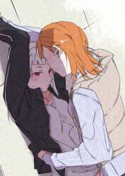 Rule 34 | 2girls, adversarial noise, arashi chisato, black jacket, blush, brown vest, closed mouth, grey shirt, hand on another&#039;s waist, highres, jacket, kabedon, long hair, love live!, love live! superstar!!, medium hair, multiple girls, orange hair, red eyes, shibuya kanon, shirt, surfacedxxc, sweatdrop, track jacket, vest, white hair, yuri
