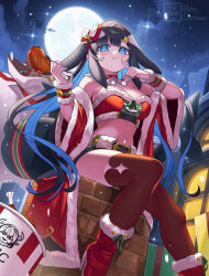 1girl bad_id bad_twitter_id baniran_dorosu bare_shoulders black_hair black_shorts blue_eyes blue_hair boned_meat breasts cleavage coat food full_moon highres holding holding_food kfc large_breasts long_hair meat moon multicolored_hair navel night original outdoors red_coat red_thighhighs red_tube_top santa_costume shorts sitting solo strapless thighhighs tube_top two-tone_hair