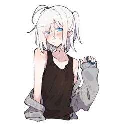 Rule 34 | 1girl, ahoge, azuma shino, black tank top, blue eyes, blue nails, blush, closed mouth, collarbone, eyes visible through hair, flat chest, grey hoodie, hair over one eye, heterochromia, hood, hoodie, nail polish, nowareno (azuma shino), original, pointy ears, ponytail, short bangs, short hair, short ponytail, simple background, slit pupils, solo, tank top, white background, white hair