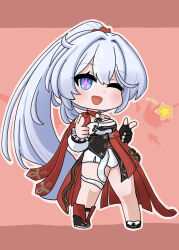 +_+ 1girl ;d asymmetrical_footwear black_boots black_gloves blue_eyes boots breasts brown_outline chibi cleavage commentary_request detached_sleeves double_finger_gun finger_gun fingerless_gloves fold-over_boots frilled_sleeves frills full_body gloves grey_hair hair_intakes high_ponytail highres honkai_(series) honkai_impact_3rd kiana_kaslana long_sleeves looking_at_viewer medium_breasts mismatched_footwear mokkyo_(motkyo) one_eye_closed open_mouth outline pink_background ponytail puffy_long_sleeves puffy_sleeves single_glove smile solo standing star_(symbol) white_sleeves