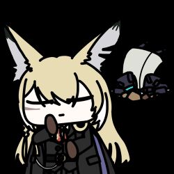 1girl 1other ambiguous_gender animal_ears animated animated_gif arknights black_coat black_ribbon black_suit blonde_hair braid chibi chibi_only closed_mouth coat doctor_(arknights) facial_scar formal_clothes fox_ears fox_girl large_ears long_hair lowres necktie no_nose notched_ear red_necktie ribbon scar scar_on_cheek scar_on_face seseren sidelocks simple_background suit transparent_background upper_body vulpisfoglia_(arknights) yellow_eyes