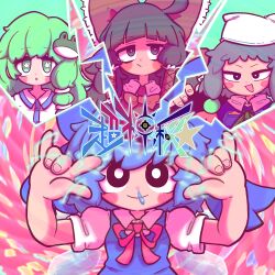 Rule 34 | 4girls, :o, \m/, absurdres, ahoge, black eyes, blue hair, blush stickers, bow, bowtie, bright pupils, cirno, closed mouth, commentary request, cookie (touhou), frog hair ornament, green eyes, green hair, grey eyes, grey hair, hair ornament, hakurei reimu, headscarf, highres, izayoi sakuya, kochiya sanae, long hair, looking at viewer, madan shoujo, micha (cookie), muimui (4242564muimui), multiple girls, neck ribbon, oko (cookie), open mouth, orange bow, orange bowtie, pink ribbon, ribbon, short hair, smile, snot, star-shaped pupils, star (symbol), symbol-shaped pupils, touhou, upper body, white headscarf, white pupils, yamato (cookie)
