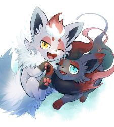 Rule 34 | alternate color, animal focus, blue eyes, blush, commentary request, fang, gen 5 pokemon, grass, highres, hisuian zorua, looking at viewer, nintendo, no humans, o hitu g, open mouth, pokemon, pokemon (creature), smile, solo, yellow eyes, zorua