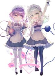 2girls :&lt; :d alternate_costume apron arm_at_side arm_up backlighting black_corset black_ribbon black_shoes black_skirt black_thighhighs blush buttons closed_mouth collared_shirt commentary_request corset enmaided eyeball floating_hair floral_background flower frilled_apron frilled_shirt_collar frilled_skirt frilled_wrist_cuffs frills frown full_body garter_straps green_eyes green_hair hair_between_eyes hair_ornament hair_ribbon happy heart heart_button heart_hair_ornament heart_of_string high-waist_skirt highres holding holding_pen komeiji_koishi komeiji_satori looking_at_viewer maid maid_apron maid_day maid_headdress mary_janes medium_hair multiple_girls neck_ribbon open_mouth pantyhose pen pink_eyes pink_hair puffy_short_sleeves puffy_sleeves purple_flower ribbon shirt shoes short_hair short_sleeves siblings side-by-side sidelighting sidelocks simple_background sisters skirt smile standing sweatdrop thighhighs third_eye touhou tsukikusa watermark waving wavy_hair white_apron white_background white_flower white_pantyhose white_shirt white_wrist_cuffs wrist_cuffs