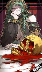 Rule 34 | 1girl, ambiguous red liquid, arm on table, bare shoulders, black sleeves, black veil, braid, checkered background, detached sleeves, evil smile, fate/grand order, fate (series), fingernails, green hair, halterneck, hand on own cheek, hand on own face, highres, jewelry, kankan33333, long veil, looking at viewer, low twin braids, plate, purple eyes, revealing clothes, ringed eyes, salome (fate), shaded face, sharp fingernails, skull, smile, solo, twin braids, veil, yandere