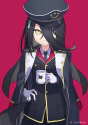 1girl absurdres animal_ears animal_print black_coat black_hair black_hat black_jacket black_necktie black_pants cat_print coat coat_on_shoulders collared_shirt cup ear_tag gloves hair_between_eyes hand_up hat highres holding holding_cup horse_ears horse_girl horse_tail jacket kimihitsuji long_hair long_hair_between_eyes manhattan_cafe_(umamusume) multiple_girls necktie open_clothes open_coat pants purple_eyes red_background shirt simple_background solo tail twitter_username umamusume very_long_hair white_gloves white_shirt yellow_eyes
