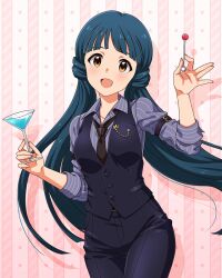 1girl :d arched_bangs arm_belt bartender belt black_belt black_pants black_vest blue_hair blunt_ends blush breasts brown_eyes brown_necktie cocktail_glass collarbone concept_shaker_(idolmaster) cowboy_shot cup dot_nose drinking_glass hands_up holding holding_cup idolmaster idolmaster_million_live! idolmaster_million_live!_theater_days kitakami_reika long_hair long_sleeves looking_at_viewer loose_necktie medium_breasts necktie official_alternate_costume official_art open_collar open_mouth pants pocket shirt sleeves_rolled_up smile solo star_(symbol) striped_clothes striped_shirt twintails very_long_hair vest