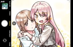 2girls absurdres bang_dream! bang_dream!_it&#039;s_mygo!!!!! blue_eyes blush brown_hair chihaya_anon fake_phone_screenshot fake_screenshot fang grey_eyes highres long_hair looking_at_viewer multiple_girls nagasaki_soyo one_eye_closed open_mouth photo_(object) pink_hair shiina_taki skol16653828240 smile takamatsu_tomori upper_body yuri