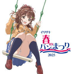 1girl blue_skirt brown_eyes brown_hair commentary_request full_body hal-py high_ponytail high_school_fleet hood hooded_jacket irizaki_mei jacket logo on_swing orange_jacket panties pantyshot ponytail school_uniform simple_background skirt solo swing underwear white_background white_panties yokosuka_girls_marine_high_school_uniform