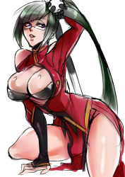 1girl bare_shoulders black_hair blazblue bracer breasts chinese_clothes cleavage cleavage_cutout clothing_cutout female_focus glasses kaneaki_mukku lao_jiu large_breasts litchi_faye_ling long_hair panda red_eyes semi-rimless_eyewear shiny_skin showgirl_skirt side_ponytail solo under-rim_eyewear very_long_hair