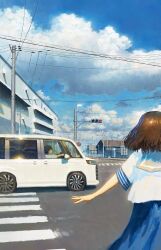 1girl 1other blue_sailor_collar blue_skirt brown_hair building car cloud cloudy_sky commentary crosswalk day fjsmu highres motor_vehicle original power_lines road sailor_collar school_uniform serafuku shirt short_hair short_sleeves skirt sky summer traffic_light white_shirt