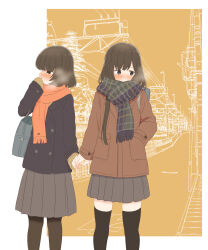 2girls absurdres bag black_coat black_pantyhose black_thighhighs blue_eyes blush breath brown_cardigan brown_coat brown_eyes brown_hair buttons cardigan checkered_clothes checkered_scarf coat covered_mouth covering_own_mouth double-breasted feet_out_of_frame grey_scarf grey_skirt hand_in_pocket highres holding_hands kurosawa_karura long_hair long_sleeves multiple_girls orange_background orange_scarf original pantyhose plaid_clothes plaid_scarf pleated_skirt scarf school_bag school_uniform short_hair skirt thighhighs yuri zettai_ryouiki