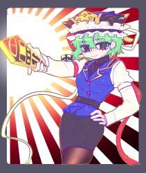 1girl absurdres belt black_belt black_skirt blue_hat blue_vest brown_eyes brown_pantyhose buttons closed_mouth commentary_request cowboy_shot epaulettes frilled_hat frills green_hair hand_on_own_hip hat highres holding kimon_102 long_sleeves looking_at_viewer pantyhose pencil_skirt rod_of_remorse shiki_eiki shirt short_hair skirt smile solo sunburst sunburst_background touhou vest white_shirt
